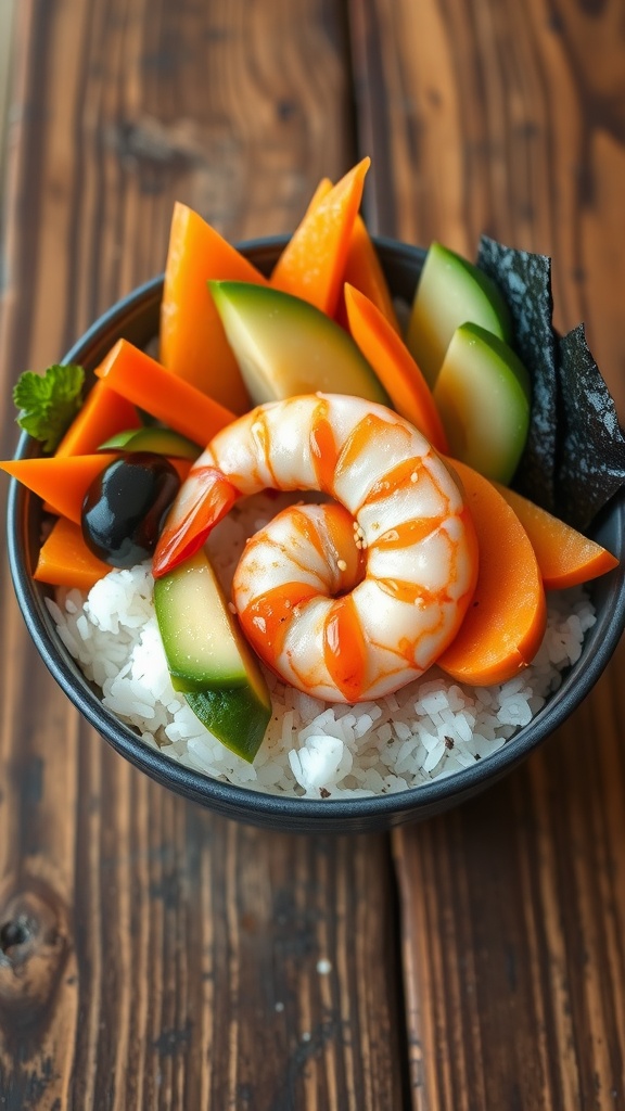 A colorful sushi roll bowl with sushi rice, cucumber, carrots, avocado, and shrimp, garnished with sesame seeds and nori.